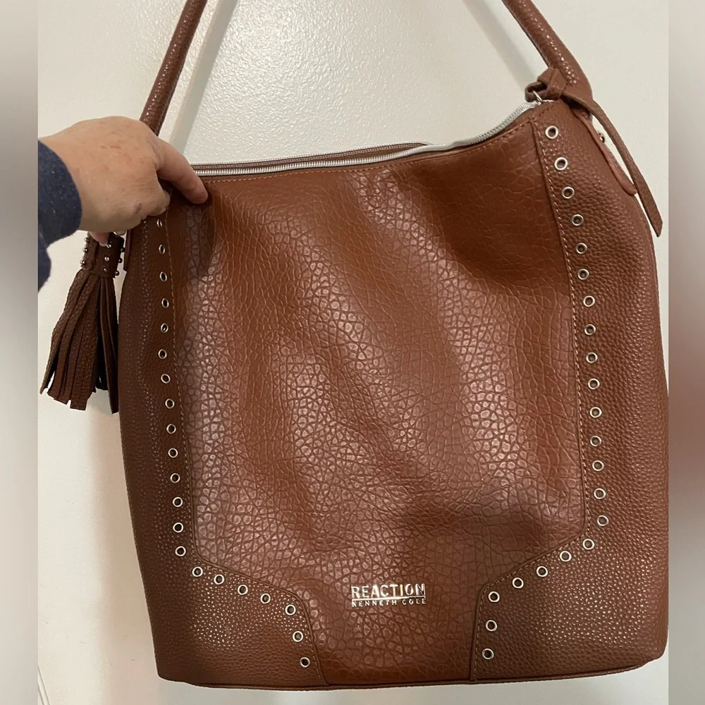 Kenneth Cole Reaction Pebbled Camel Faux Leather Grommet Accent Tote Handbag